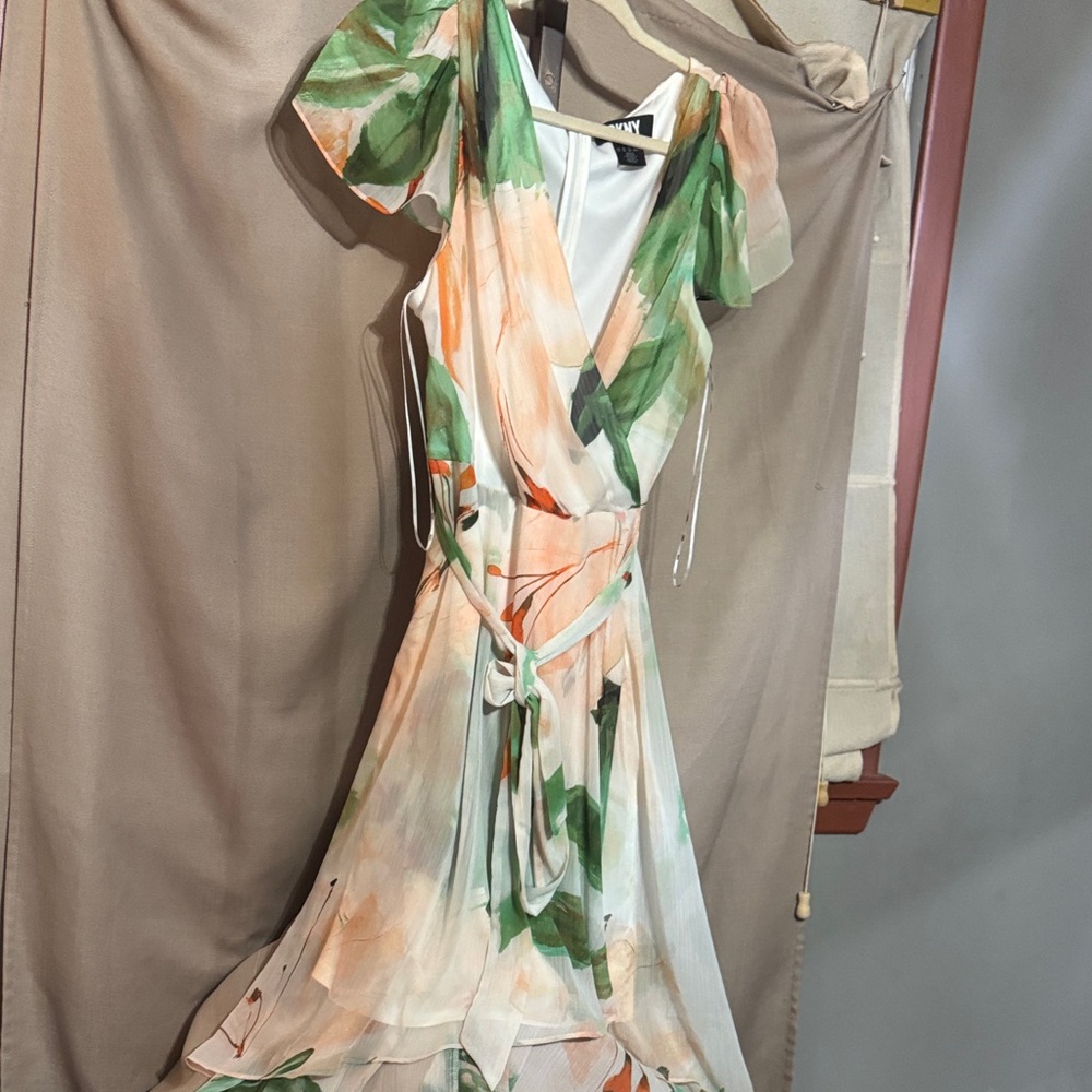 DKNY Asymmetrical Dress in Green and Cream-1